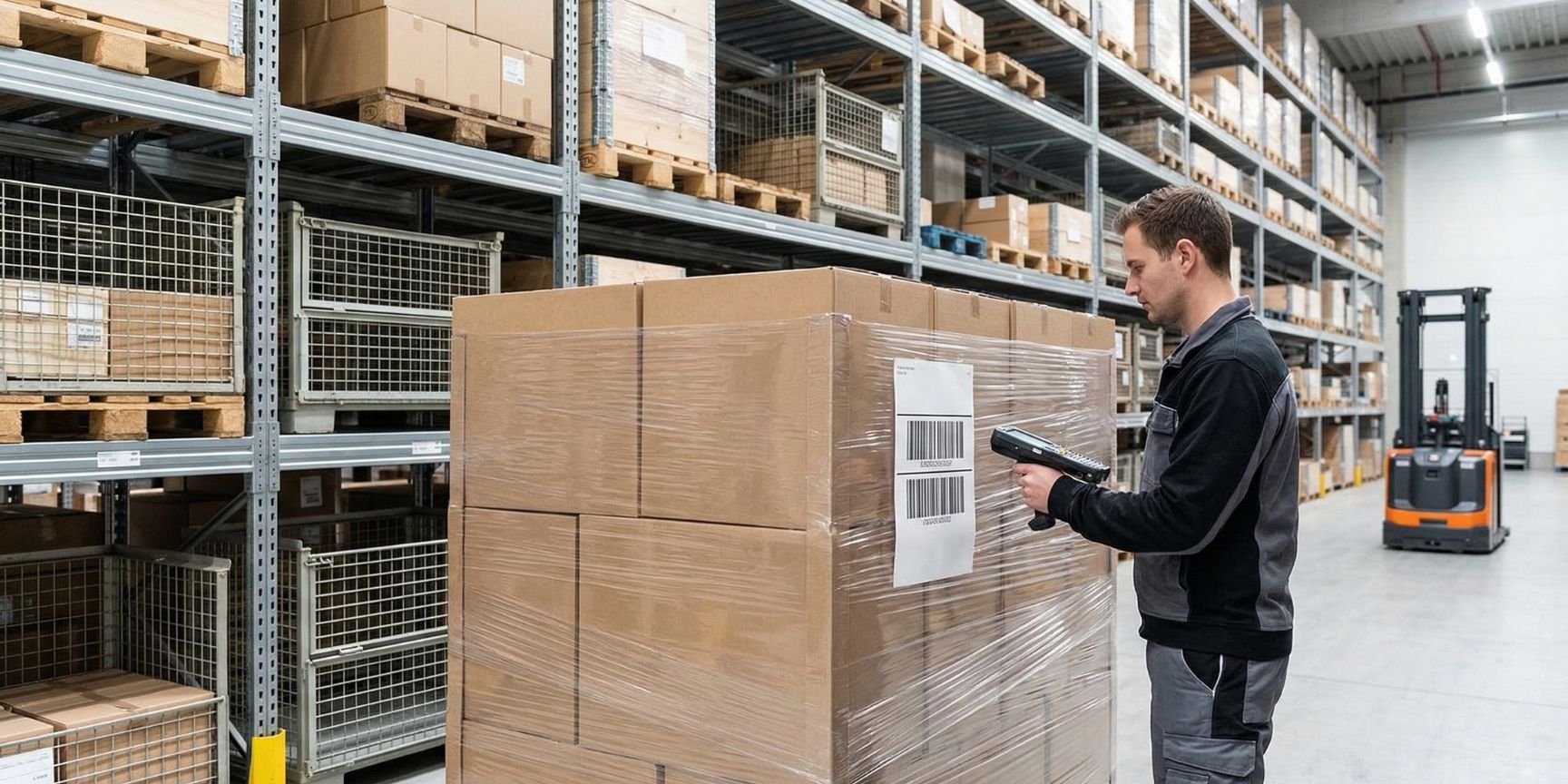 Eine mit Stretchfolie umwickelte Europalette, beladen mit homogenen Kartons und einem SSCC-Barcode-Label, wird von einem Lagermitarbeiter in einem modernen Hochregallager gescannt, was die Identifikation einer Handling Unit (HU) in der Lagerlogistik zeigt